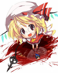  ascot bespectacled blonde_hair blood censored character_censor commentary_request female flandre_scarlet from_above glasses gundam gym_ghingnham hat hat_ribbon highres inagata laevatein_(touhou) novelty_censor oerba_yun_fang open_mouth pool_of_blood red_eyes reflection ribbon short_hair side_ponytail simple_background skirt skirt_set smile solo touhou turn_a_gundam upskirt white_background wings 