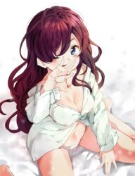  bad_id bad_pixiv_id bare_legs barefoot blue_eyes blush breasts cleavage dress_shirt female from_above hand_to_own_mouth ichinose_shiki idolmaster idolmaster_cinderella_girls large_breasts long_hair navel off_shoulder open_cuffs panties purple_hair shirt shovelwell sitting solo unbuttoned underwear wariza white_panties 