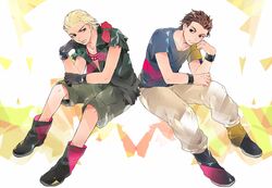  2boys bad_id bad_pixiv_id blonde_hair blue_eyes brown_hair eli_(metal_gear) jewelry liquid_snake metal_gear_(series) metal_gear_solid_v:_the_phantom_pain multiple_boys necklace oreha00701 shorts solid_snake tooth_necklace 