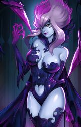  bare_shoulders blue_skin breasts clothing_cutout colored_skin evelynn_(league_of_legends) facial_mark female fingernails grey_hair half-closed_eyes heart_cutout hip_focus large_breasts league_of_legends lipstick looking_at_viewer makeup mascara multicolored_hair navel navel_cutout neo-tk.. purple_hair purple_lips scythe sharp_fingernails slit_pupils smile thighhighs two-tone_hair watermark yellow_eyes 