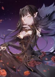  ;) bad_id bad_pixiv_id black_dress black_gloves black_hair breasts bridal_gauntlets cleavage commentary_request dress elbow_gloves fate/apocrypha fate_(series) female fingerless_gloves flower gloves gradient_background hand_to_own_mouth long_hair looking_at_viewer medium_breasts one_eye_closed petals pointy_ears rose rose_petals sandeul semiramis_(fate) sidelocks simple_background slit_pupils smile solo very_long_hair yellow_eyes 