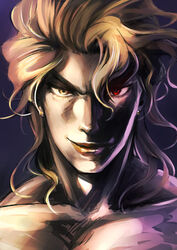  1boy blonde_hair collarbone commentary_request dio_brando earrings heterochromia jewelry jojo_no_kimyou_na_bouken kabane_(follabi) lipstick makeup male_focus portrait red_eyes smile solo yellow_eyes yellow_lips 