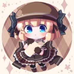  black_dress black_ribbon blonde_hair blue_eyes blush chibi commentary_request dress female frills gloves hair_ribbon hat highres looking_at_viewer original rensei ribbon solo 