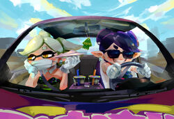  2girls black_hair callie_(splatoon) car commentary_request cup earrings grin inkling jewelry long_hair marie_(splatoon) mole mole_under_eye motor_vehicle mouth_guard multiple_girls object_on_head paper_airplane pointy_ears smile splatoon_(series) splatoon_1 steering_wheel stup-jam sunglasses tentacle_hair 