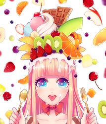  bad_id bad_pixiv_id banana blonde_hair blue_eyes blueberry blurry bow bowtie cherry chocolate depth_of_field female food food_on_face food_on_head fork fruit highres honeydew_(fruit) kisaragi_yuu_(fallen_sky) kiwi_(fruit) macaron object_on_head orange_(fruit) orange_slice original parfait raspberry solo spoon strawberry tongue tongue_out whipped_cream 