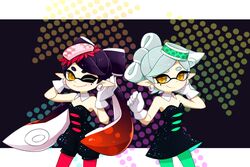  +_+ 2girls bad_id bad_pixiv_id black_hair blush brown_eyes callie_(splatoon) commentary_request cowboy_shot detached_collar dress earrings food food_on_head gloves green_legwear grey_hair inkling jewelry long_hair looking_at_viewer marie_(splatoon) mole mole_under_eye multiple_girls object_on_head one_eye_closed pantyhose pointy_ears red_legwear sango_(y1994318) short_dress short_hair short_jumpsuit smile splatoon_(series) splatoon_1 standing strapless strapless_dress tentacle_hair white_gloves 