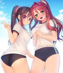  2girls ahoge arima_kanae arima_senne ass blush bra breasts brown_hair buruma embarrassed glasses green_eyes gym_uniform hair_ornament hair_scrunchie highres jewelry kashiwamochi_yomogi large_breasts long_hair looking_at_viewer mature_female mother_and_daughter multiple_girls open_mouth original outdoors photoshop_(medium) pink_hair ponytail red_eyes ring scrunchie see-through see-through_silhouette underwear wavy_mouth wedding_ring 