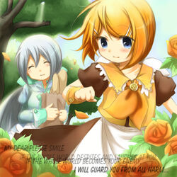  2girls ^_^ ascot bag blonde_hair blue_eyes bread clarith closed_eyes commentary_request english_text evillious_nendaiki flower food grey_hair hair_ornament hair_ribbon hairclip holding holding_bag kagamine_rin long_hair lyrics multiple_girls petals ponytail ribbon riliane_lucifen_d&#039;autriche rose shiro_no_musume_(vocaloid) short_hair shouha_(ring-high) smile translated tree vocaloid wind wrist_cuffs yellow_flower yellow_rose yowane_haku 