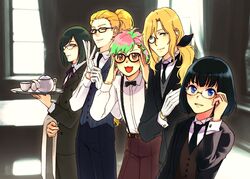  5boys ;) adjusting_clothes adjusting_gloves alternate_costume alternate_hairstyle altessimo_(idolmaster) androgynous bad_id bad_pixiv_id bangs_pinned_back belt bespectacled bishounen black_bow black_necktie blonde_hair blue_eyes bow bowtie brown_eyes butler cup enmaided glasses gloves green_eyes hair_ornament hairclip hanamura_shoma high_ponytail idolmaster idolmaster_side-m kagura_rei kiyosumi_kuro long_hair maid male_focus monocle multicolored_hair multiple_boys necktie nekoyanagi_kirio one_eye_closed pink_hair ponytail sai_(idolmaster) smile teacup teapot tray tsuzuki_kei two-tone_hair waistcoat white_gloves youhe_hino 