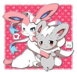  :3 ambiguous_gender black_eyes blue_eyes blue_markings blush cinccino cuddling daww duo ear_tuft eeveelution embarrassed feral frown fur generation_5_pokemon generation_6_pokemon grey_body grey_fur heart_background heart_pattern heart_reaction heart_symbol hi_res hm3526 hug kneeling markings multicolored_body multicolored_fur nintendo pattern_background pictographics pink_body pink_fur pokemon pokemon_(species) ribbons simple_background smile speech_bubble standing sylveon tuft two_tone_body two_tone_fur unavailable_at_source white_body white_fur 