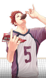  1boy adam&#039;s_apple commentary_request dragonnapoli eating food_wrapper haikyuu!! highres looking_at_viewer male_focus photoshop_(medium) red_eyes red_hair solo sportswear standing tendou_satori upper_body volleyball_net 