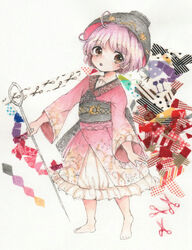  :o bad_id bad_pixiv_id barefoot bowl bowl_hat brown_eyes female full_body hat head_tilt holding holding_needle iipoyo_(364poyo) japanese_clothes kimono light_purple_hair long_sleeves looking_at_viewer needle obi painting_(medium) papercraft_(medium) pink_kimono sash scissors short_hair simple_background solo sukuna_shinmyoumaru touhou traditional_media unconventional_media watercolor_(medium) white_background 