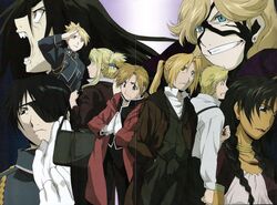  4girls 5boys alfons_heiderich alphonse_elric brothers brown_hair conqueror_of_shambala dark_skin edward_elric eyepatch fullmetal_alchemist fullmetal_alchemist:_conqueror_of_shamballa long_hair multiple_boys multiple_girls noah_(fma) official_art riza_hawkeye roy_mustang siblings winry_rockbell wrath wrath_curtis 