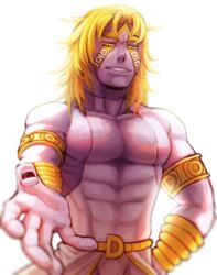  1boy abs armband black_nails blonde_hair blurry colored_skin commentary_request dio_brando facial_mark foreshortening heaven_ascended_dio highres jojo_no_kimyou_na_bouken jojo_no_kimyou_na_bouken:_eyes_of_heaven lizzyoli-ravioli long_hair male_focus muscular nail_polish purple_skin scar scar_on_neck signature solo topless_male turtleneck upper_body wrist_cuffs yellow_eyes 