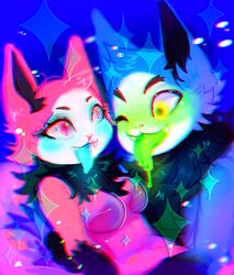  2016 anthro arm_markings asian_mythology black_markings blue_body blue_fur blue_tongue blush breasts cameowmile canid canine chest_tuft chromatic_aberration colorful_theme duo ear_tuft east_asian_mythology eerie_(telemonster) featureless_breasts female fox fox_spirit fur glowing green_tongue hand_on_back korean_mythology kumiho male mammal markings multi_tail multicolored_body multicolored_fur mythological_canine mythological_creature mythological_fox mythology neck_tuft nude one_eye_closed open_mouth pink_body pink_ears pink_eyes pink_fur saturated sparklefur sparkles standing tail teeth telemonster tongue tongue_out tuft two_tone_body two_tone_fur were werecanid werecanine werewolf white_body white_fur wink yellow_eyes yossi 