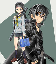  1boy bag black_eyes black_hair black_legwear commentary_request female fingerless_gloves gloves highres kirigaya_suguha kirito loafers naruse pleated_skirt school_bag school_uniform serafuku shoes short_hair skirt socks sweater sword sword_art_online weapon weapon_bag 