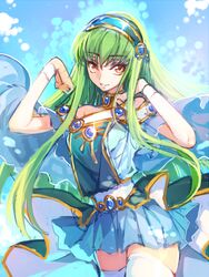  bad_id bad_pixiv_id bare_shoulders blue_hairband c.c. code_geass commentary_request cosplay creayus female green_hair hairband jewelry long_hair magic_knight_rayearth official_alternate_costume ryuuzaki_umi ryuuzaki_umi_(cosplay) skirt solo thighhighs yellow_eyes 