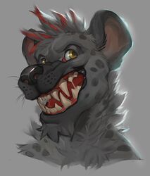  2016 amber_eyes anthro black_nose bodily_fluids bust_portrait digital_media_(artwork) eyebrows facial_hair fangs front_view fur fur_tuft goatee green_eyes grey_background grey_body grey_fur grey_hair grey_spots grey_theme grin hair heterochromia highlights_(coloring) hyena looking_at_viewer male mammal markings multicolored_body multicolored_fur multicolored_hair neck_tuft portrait red_hair red_highlights red_tongue saliva shaded simple_background smile snout soft_shading solo spots spotted_body spotted_fur spotted_hyena teeth tongue treats tuft two_tone_body two_tone_fur two_tone_hair whiskers 