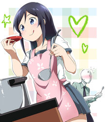  :q anonymous_(4chan) apron aqua_shirt aragaki_ayase black_hair black_necktie blue_eyes blue_skirt blush closed_mouth collared_shirt commentary_request dutch_angle eyebrows faceless faceless_male female flying_sweatdrops heart holding holding_plate holding_spoon kousaka_kirino&#039;s_school_uniform ladle necktie nose_blush ore_no_imouto_ga_konna_ni_kawaii_wake_ga_nai pink_apron plate pleated_skirt pot samnedar school_uniform serafuku shirt short_sleeves skirt smile spoon sweatdrop tongue tongue_out white_shirt wing_collar 