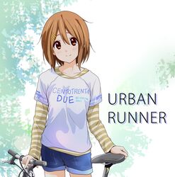  bicycle_seat brown_eyes brown_hair clothes_writing commentary_request denim denim_shorts dresstrip english_text female hirasawa_yui italian_text k-on! shirt short_hair shorts solo standing striped_clothes striped_shirt 