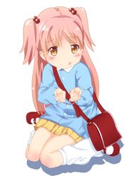  :q bag blush brown_eyes commentary_request cupping_hands female full_body hair_bobbles hair_ornament handbag highres kindergarten_bag kindergarten_uniform lolicon long_hair loose_socks mary_janes mikane_sebiri original own_hands_together pink_hair red_footwear shirogane_(seemee) shoes simple_background skirt smile socks solo tongue tongue_out two_side_up white_background 