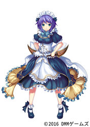  black_footwear blue_dress blue_eyes breasts commentary_request dress dual_wielding female frills girls_symphony holding knife looking_at_viewer maid_headdress matatabi_maru medium_breasts official_art purple_hair reverse_grip short_hair socks solo standing vanny_b_lully weapon white_socks 