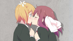  2girls blonde_hair blush canon closed_eyes couple floor flower green_eyes hair_ornament hairclip kissing long_hair lying multiple_girls official pink_hair ribbon sakura_trick school_uniform screencap short_hair sonoda_yuu surprised takayama_haruka twintails uniform wide_eyes yuri 