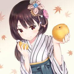  black_hair brown_eyes commentary_request dargo eating female food fruit hair_ornament hair_over_shoulder highres holding holding_food holding_fruit japanese_clothes leaf long_hair maple_leaf nashi_pear oshiro_project:re pear solo tottori_(oshiro_project) upper_body 