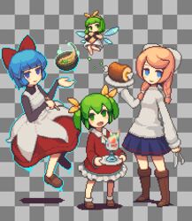  4girls :d arm_at_side bare_legs barefoot blonde_hair blue_eyes blue_hair blue_skirt blunt_bangs blush bob_cut bobby_socks bone boned_meat boots bow bowl braid breasts brown_footwear checkered_background chopsticks closed_mouth cocktail_glass collared_dress commentary_request cookie cup cute_fairy_(elona) dress drinking_glass elona eyebrows facing_another fairy_wings floating flying food frilled_dress frills full_body glass green_eyes green_hair hair_ribbon hair_tie hairband hairbow holding holding_chopsticks holding_plate jitome knee_boots little_girl_(elona) loafers long_sleeves looking_at_viewer lowres magic meat mini_person minigirl miniskirt multiple_girls no_nose no_pupils open_mouth pixel_art plate pleated_skirt red_bow red_dress ribbon shadow shaved_ice shoes short_hair single_vertical_stripe skirt sleeves_past_wrists small_breasts smile socks soup standing sweater tareme tongue turtleneck turtleneck_sweater twin_braids twintails vixiv white_bow white_legwear white_ribbon white_sweater wings wizard wizard_of_elea_(female) yellow_hairband yellow_ribbon younger_sister_(elona) 