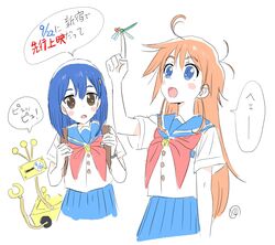  2girls blue_skirt commentary_request flip_flappers hair_ornament hairclip kojima_takashi kokomine_cocona long_hair miniskirt multiple_girls official_art orange_hair papika_(flip_flappers) pleated_skirt school_uniform serafuku short_hair simple_background skirt translation_request tt-392 white_background 