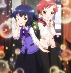  2girls blue_hair gochuumon_wa_usagi_desu_ka? gochuumon_wa_usagi_desuka? jouga_maya multiple_girls natsu_megumi red_eyes red_hair screencap sparkle yellow_eyes 