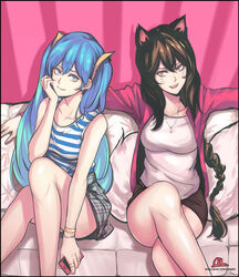  2girls :d ahri_(league_of_legends) alternate_costume animal_ears bare_legs black_hair black_skirt blue_eyes blue_hair braid breasts cal_(pmgdd) casual commentary crossed_legs facial_mark fox_ears fox_girl fox_tail jewelry league_of_legends legs long_hair long_sleeves looking_at_viewer medium_breasts multiple_girls necklace oerba_yun_fang open_mouth outstretched_arms phone plaid plaid_skirt red_eyes redrawn shirt shorts single_braid sitting skirt sleeveless sleeveless_shirt smile sona_(league_of_legends) spread_arms striped_clothes striped_shirt tail tank_top twintails very_long_hair watermark web_address whisker_markings white_shirt 