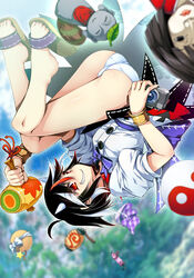  ahoge ass bangle black_eyes black_hair blurry bob_cut bomb bow bracelet camera chima_q cloth commentary_request cone_horns depth_of_field doll dress explosive female grin highres horns impossible_spell_card jewelry jizou kijin_seija lantern mallet multicolored_hair nimble_fabric panties pantyshot parasol photoshop_(medium) red_eyes red_hair sandals sharp_teeth short_hair short_sleeves small_horns smile solo streaked_hair teeth touhou umbrella underwear upside-down upskirt white_hair white_horns white_panties yin_yang 