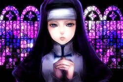  blue_eyes commentary_request female glass habit lips looking_at_viewer nun original own_hands_together sasaki_ryou solo stained_glass traditional_nun 