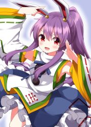  animal_ears arms_up blue_skirt blush commentary cosplay detached_sleeves female frilled_skirt frills hair_between_eyes highres long_hair long_sleeves looking_at_viewer mononobe_no_futo mononobe_no_futo_(cosplay) open_mouth pointing purple_hair rabbit_ears rabbit_girl red_eyes reisen_udongein_inaba ribbon-trimmed_sleeves ribbon_trim ruu_(tksymkw) shirt skirt solo touhou turtleneck white_shirt white_sleeves wide_sleeves 