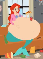  2025 5_fingers absurd_res ariel_(disney) belly belly_focus beverage beverage_can big_belly bloated bra candy chocolate chocolate_chip_cookie chocolate_chips clothing collar cookie dessert digital_drawing_(artwork) digital_media_(artwork) disney eyewear female fingers food furniture glasses grey_eyes grey_eyewear grey_glasses hair hand_on_belly hi_res holding_food holding_object holding_pizza huge_belly hyper hyper_belly inflation lips mad_(series) marine merfolk mermaid_tail messy_room navel on_sofa pepperoni_pizza pink_clothing pink_collar pink_lips pink_shirt pink_topwear pizza red_hair seashell_bra shirt sitting sitting_on_sofa soda sofa solo split_form style_emulation the_little_mermaid_(1989) thick_thighs topwear underwear vanilladream34 wine_bottle 