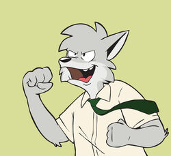  anthro canid canine canis clothing coyote dress_shirt fur green_background grey_body grey_fur heyitscousindave hybrid kyle_mckinley male mammal necktie open_mouth shirt simple_background smile solo teeth_showing tongue_showing topwear wolf yellow_clothing yellow_dress_shirt yellow_shirt yellow_topwear 