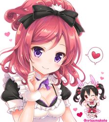  2girls ;d black_bow black_hair bow bowtie breasts cleavage commentary_request detached_collar frilled_sleeves frills hairbow half_updo heart index_finger_raised jumping looking_at_viewer love_live! love_live!_school_idol_project maid maid_headdress medium_hair mogyutto_&quot;love&quot;_de_sekkin_chuu! multiple_girls nishikino_maki one_eye_closed open_mouth paw_pose purple_bow purple_bowtie purple_eyes red_bow red_bowtie red_eyes red_hair sakurai_makoto_(custom_size) short_sleeves signature smile spoken_heart twintails twitter_username wristband yazawa_nico 