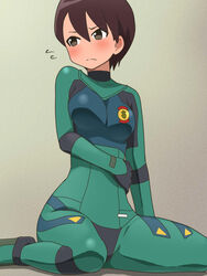  awa black_eyes blush bodysuit breasts brown_hair closed_mouth female frown gloves hisone_to_masotan hoshino_eri jumpsuit looking_to_the_side pilot_suit science_fiction short_hair simple_background solo 