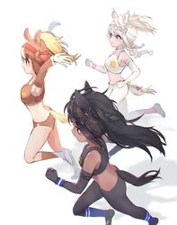  3girls \o/ animal_ear_fluff animal_ears armpits arms_up bare_shoulders black_gloves black_hair black_legwear black_sports_bra blonde_hair braid braided_tail bridle brown_eyes brown_hair brown_sports_bra brown_thoroughbred_(kemono_friends) buruma chestnut_thoroughbred_(kemono_friends) commentary dark-skinned_female dark_skin detached_sleeves elbow_gloves fingerless_gloves gloves grey_eyes highres horizontal_pupils horse_ears horse_girl horse_tail japari_symbol kemono_friends long_hair midriff multicolored_hair multiple_girls o-ring outstretched_arms pants pantyhose ponytail running simple_background smile socks sports_bra tail tatsuno_newo twin_braids two-tone_hair white_background white_gloves white_hair white_pants white_sports_bra white_thoroughbred_(kemono_friends) wristband 