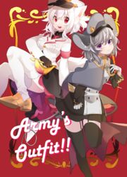  2girls absurdres akibotann alternate_costume alternate_eye_color animal_ears black_coat black_shirt black_skirt black_thighhighs blush brown_footwear buttons capelet closed_mouth coat collared_shirt commentary_request cover cover_page double-breasted doujin_cover full_body garter_straps gloves grey_capelet grey_hair grey_headwear hair_between_eyes hat highres inubashiri_momiji jacket looking_at_viewer military military_hat military_uniform mouse_ears mouse_girl mouse_tail multiple_girls nazrin necktie open_mouth purple_eyes red_necktie shirt shoes short_hair skirt smile tail thighhighs touhou uniform white_gloves white_hair white_jacket white_thighhighs wolf_ears wolf_girl wolf_tail 