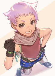  belt boots brown_eyes cape clenched_hand commentary_request female from_above gloves grin hand_on_own_hip hermana_larmo highres knee_boots pants penguu_(green528) pink_shirt purple_hair scarf shirt shoes short_hair smile solo tales_of_(series) tales_of_innocence very_short_hair white_legwear 