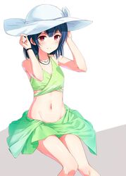  bikini blue_hair blush bow commentary_request female flat_chest green_bikini green_sarong groin hands_on_headwear hat hat_bow highres idolmaster idolmaster_shiny_colors jewelry looking_at_viewer morino_rinze navel necklace polka_dot red_eyes sarong short_hair sitting smile solo suke_(momijigari) sun_hat swimsuit white_bow white_hat 