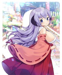  breasts commentary detached_sleeves feet_out_of_frame female hakama hakama_skirt hanyuu highres higurashi_no_naku_koro_ni japanese_clothes large_breasts long_hair miko miyano_ururu purple_eyes purple_hair red_hakama ribbon-trimmed_sleeves ribbon_trim sideboob skirt solo stairs torii 