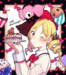  ;) anniversary black_border blonde_hair border cake candy charlotte_(madoka_magica) cherry chocolate_chip closed_mouth commentary_request creature_on_head cupcake dot_nose drill_hair female fingernails flower food fruit fuji_fujino hair_flower hair_ornament hairpin hands_up happy high_collar highres holding holding_plate jewelry juliet_sleeves light_blush long_sleeves looking_at_viewer mahou_shoujo_madoka_magica mahou_shoujo_madoka_magica_(anime) mitakihara_school_uniform neck_ribbon one_eye_closed plate polka_dot polka_dot_border puffy_sleeves red_ribbon ribbon ring school_uniform signature smile solo sprinkles strawberry tareme tomoe_mami twin_drills uniform whipped_cream witch_(madoka_magica) yellow_eyes 