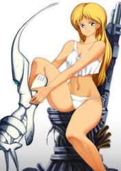  1980s_(style) armor blonde_hair blue_eyes boots breasts chair cleavage commentary_request crop_top cyberpunk dragon&#039;s_heaven dressing earrings female highres ikuuru jewelry long_hair looking_at_viewer machinery moebius_(style) official_style oggy_(oggyoggy) panties power_armor power_suit retro_artstyle science_fiction side-tie_panties sitting smirk solo tank_top underwear wreckage 