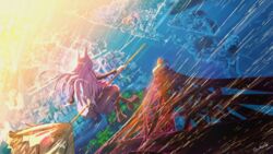  animal_ears aoi_minato_(aoiminato_ship) bad_id bad_pixiv_id boots bridge broom broom_riding building city ctg elfina_grace female flying from_behind highres inception island light_particles light_rays long_hair long_sleeves motion_lines ocean perspective pink_hair scenery shore solo sunbeam sunlight tokyo_(city) tokyo_tower tree virtual_youtuber 