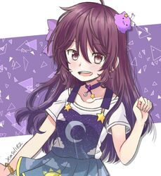  blob bow brown_eyes brown_hair centi_(nimu) choker dress female gradient_dress hair_ornament hairbow highres indie_virtual_youtuber long_hair nimu_(vtuber) nimu_(vtuber)_(3rd_costume) off-shoulder_shirt off_shoulder shirt smile solo star_(symbol) star_hair_ornament virtual_youtuber ximsol182 