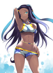  aqua_eyes aqua_hair arm_up armlet armpits bad_id bad_pixiv_id belly_chain bikini black_hair breasts commentary_request crop_top dark-skinned_female dark_skin earrings eyeliner eyeshadow female forehead hoop_earrings jewelry lipstick long_hair looking_at_viewer makeup midriff multicolored_hair navel necklace nessa_(pokemon) one_eye_closed photoshop_(medium) pokemon pokemon_swsh ruffling_hair simple_background small_breasts solo sportswear swimsuit tankini two-tone_hair underboob yuu_(kfc) 