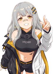  absurdres bandaid bandaid_on_face bandaid_on_nose belt black_jacket black_shirt black_shorts blush breasts commentary cowboy_shot crop_top english_commentary female fuusuke_(fusuke208) grey_hair grin hachi_(live_union) hair_ornament highres jacket live_union long_hair looking_at_viewer medium_breasts midriff mole mole_under_eye multicolored_clothes multicolored_jacket navel open_clothes open_jacket pointing pointing_at_viewer shirt short_shorts shorts sidelocks simple_background sleeveless smile solo stomach_tattoo tattoo teeth twitter_username two-sided_fabric two-sided_jacket two-tone_jacket virtual_youtuber white_background white_jacket yellow_belt yellow_eyes 